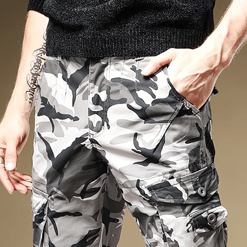 Men's slim fit camouflage denim pants, showcasing stylish pockets and trendy military design.