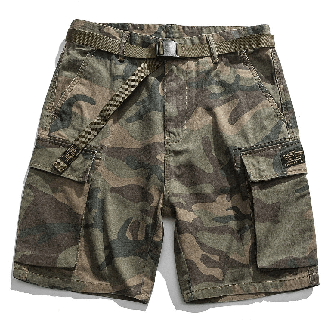 Multi-pocket military camouflage cargo shorts for men, trendy alternative cotton clothing.