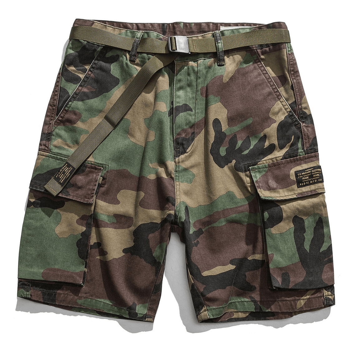 Multi-pocket military camouflage cargo shorts with belt, perfect for an alternative style wardrobe.