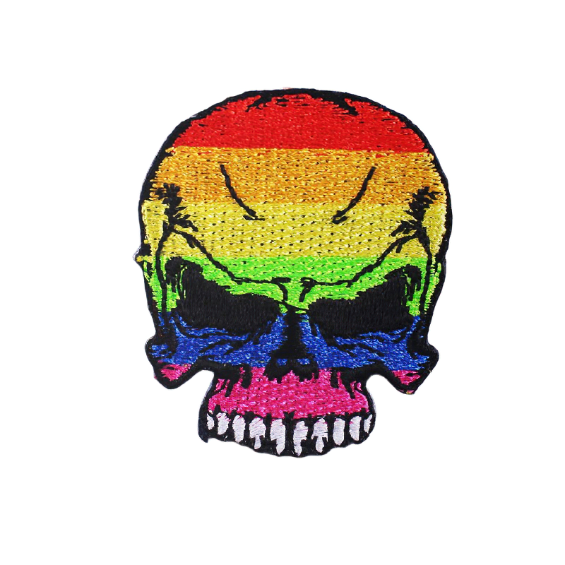 Multicolored skull iron-on patch, stylish embroidered design for jackets and clothes, trendy unisex accessory.