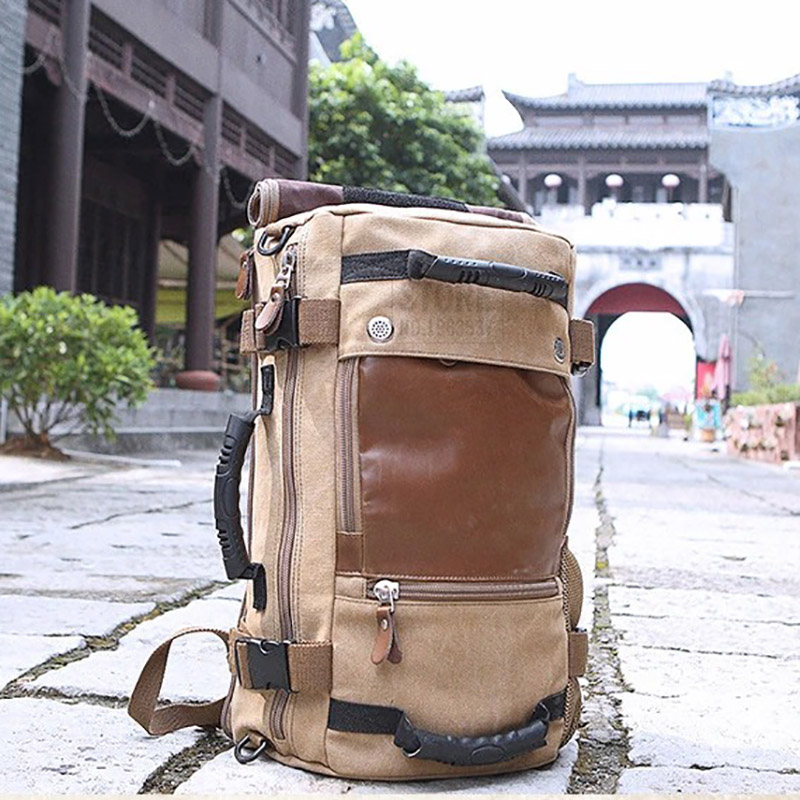 Stylish unisex multifunction motorcycle backpack in tan with leather accents, perfect for travel and casual outings.