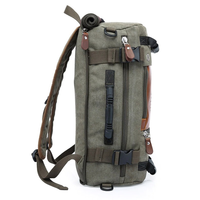 Side view of a stylish multifunction motorcycle bag in olive green, featuring adjustable straps and sleek design for casual use.
