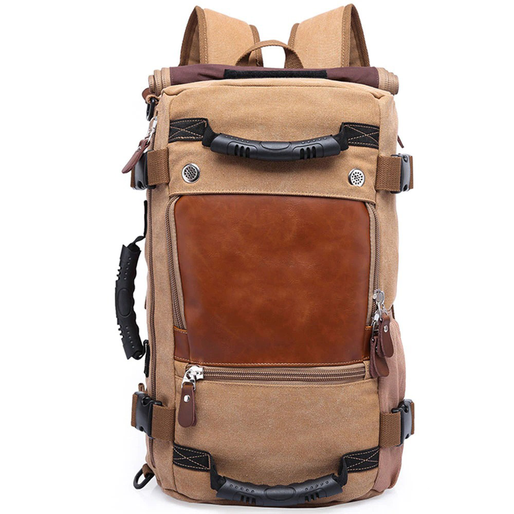 Stylish multifunction motorcycle bag with brown leather accents, ideal for casual outings and travel for men and women.