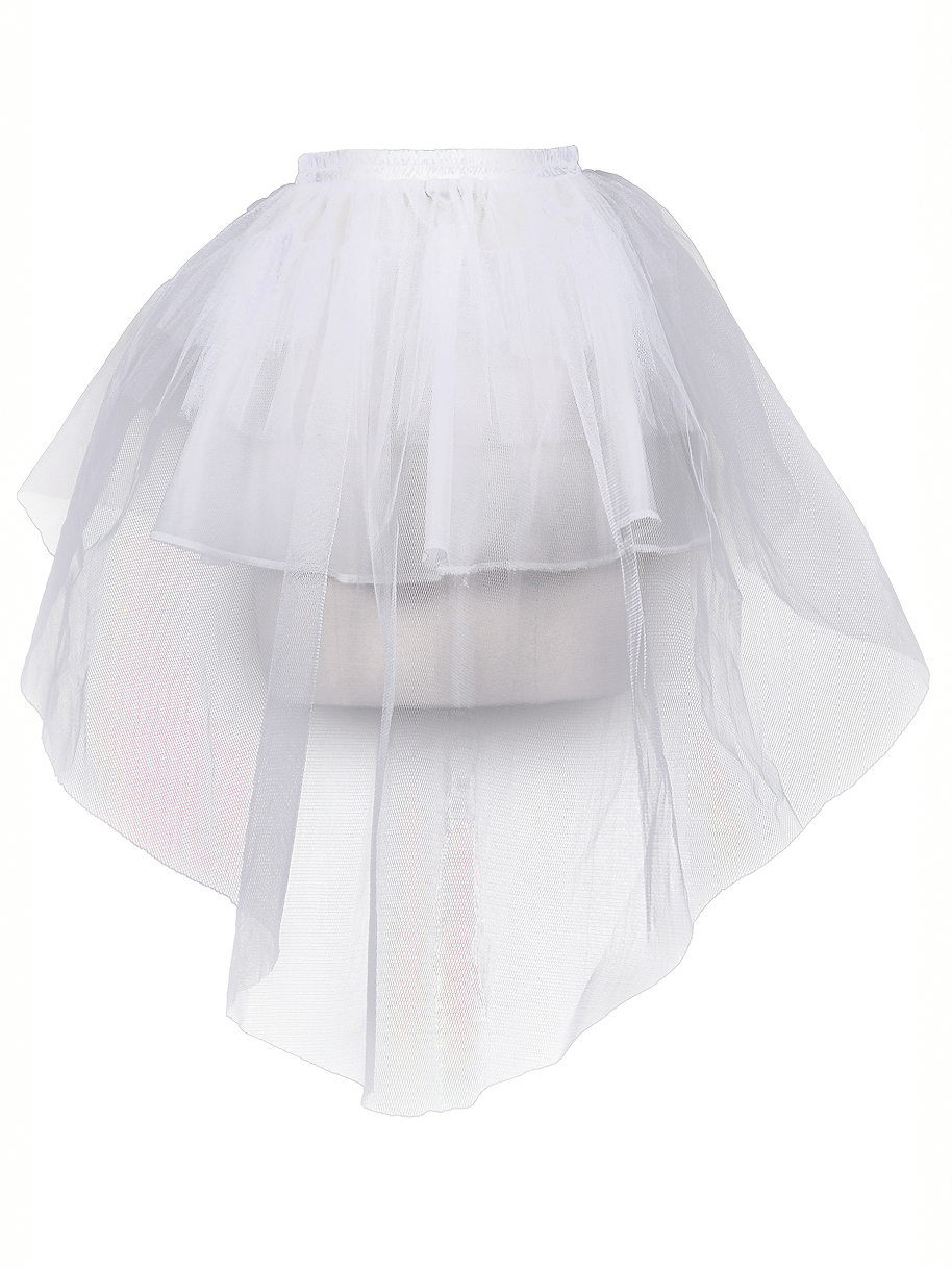 Multilayer mesh mini skirt with elastic waistband in white, featuring a unique gothic style for women.