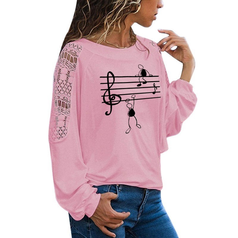Music Notes Printed T Shirt for Women / Long Sleeve Womens Graphic Tees - HARD'N'HEAVY
