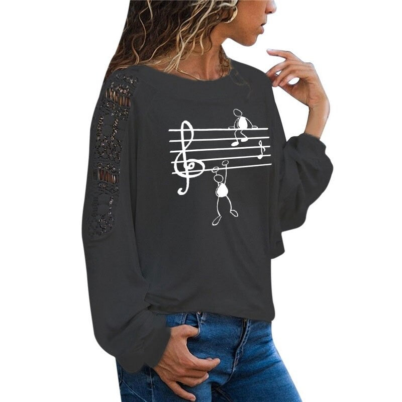 Music Notes Printed T Shirt for Women / Long Sleeve Womens Graphic Tees - HARD'N'HEAVY
