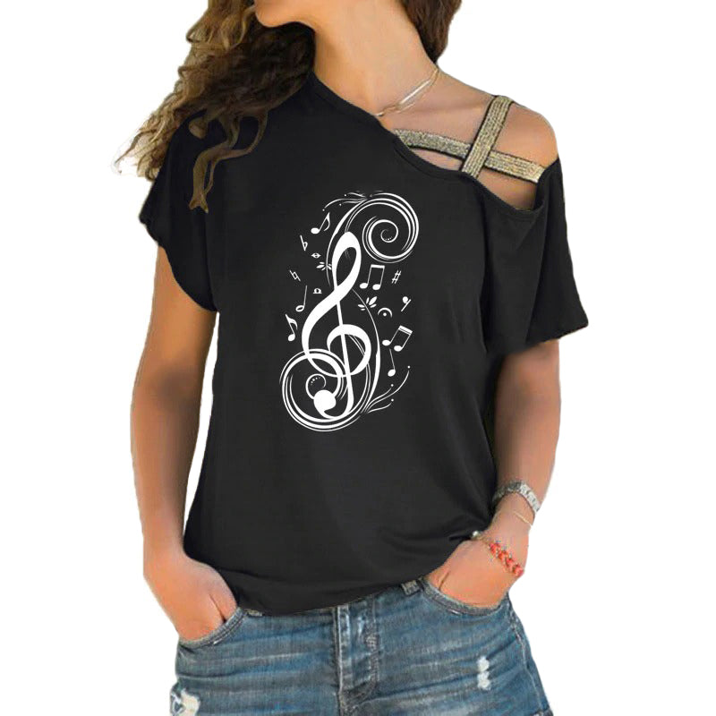 Black musical note graphic T-shirt for women with stylish hollow out shoulder and treble clef design.