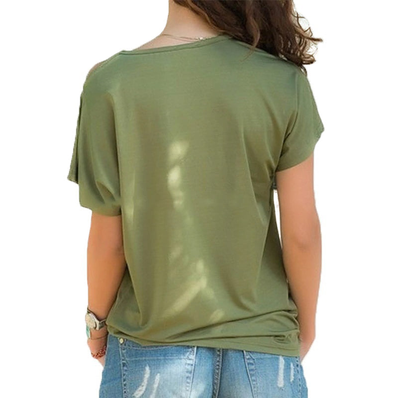 Back view of a woman wearing a stylish olive green T-shirt with a relaxed fit.