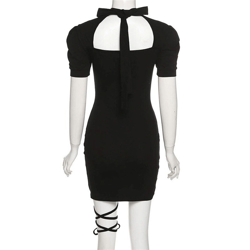 Mysterious Black Halter Dress with Leg Strap / Sexy Short Sleeve Bodycon Dress / Aesthetic Clothing