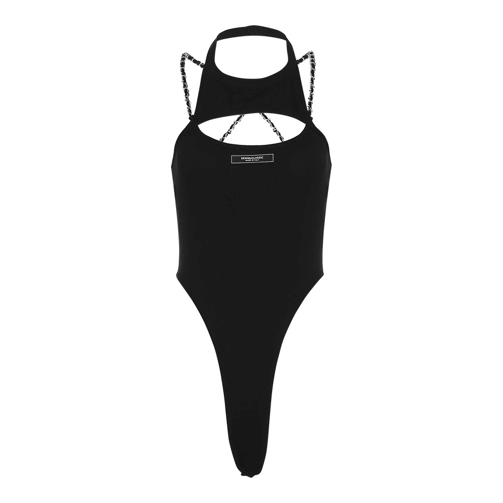 Mysterious Sexy Elastic Black Bodysuit / Women's Sleeveless Hollow-out Bodysuit