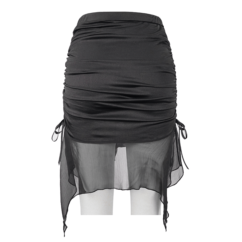 Black gothic skirt with lace border and chiffon flounce, stylish women's beach skirt.