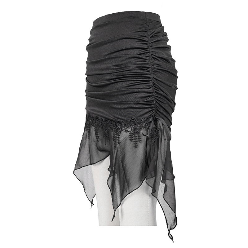 Stylish black gothic skirt with lace border and chiffon flounce, perfect for beach or casual wear.