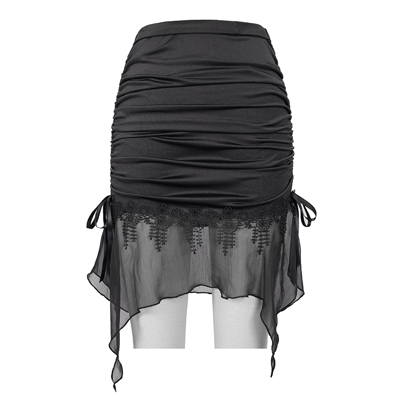 Narrow Gothic Skirt with Lace Border & Chiffon Flounce / Black Women's Beach Skirt - HARD'N'HEAVY