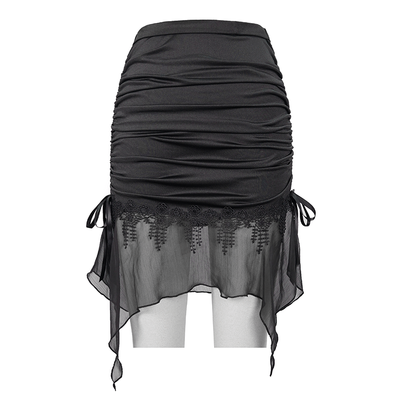 Narrow black gothic skirt with lace border and chiffon flounce for women, stylish and alluring beach wear.