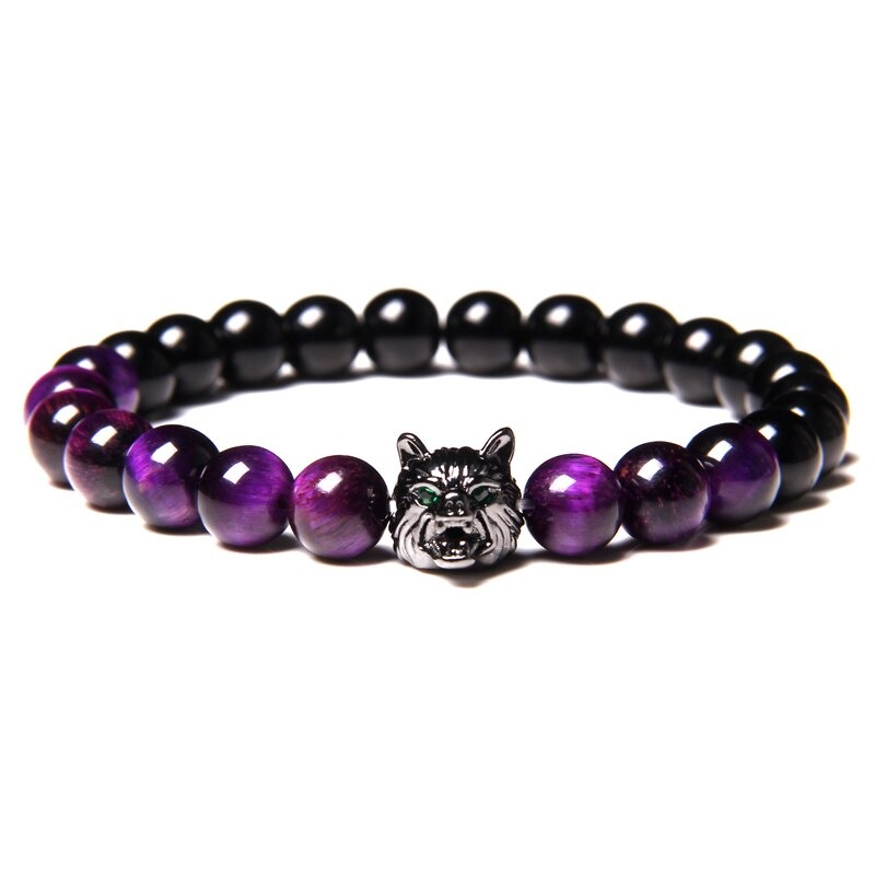 Natural black lava stone bracelet with wolf charm, featuring colorful beads in purple and black for an alternative style.