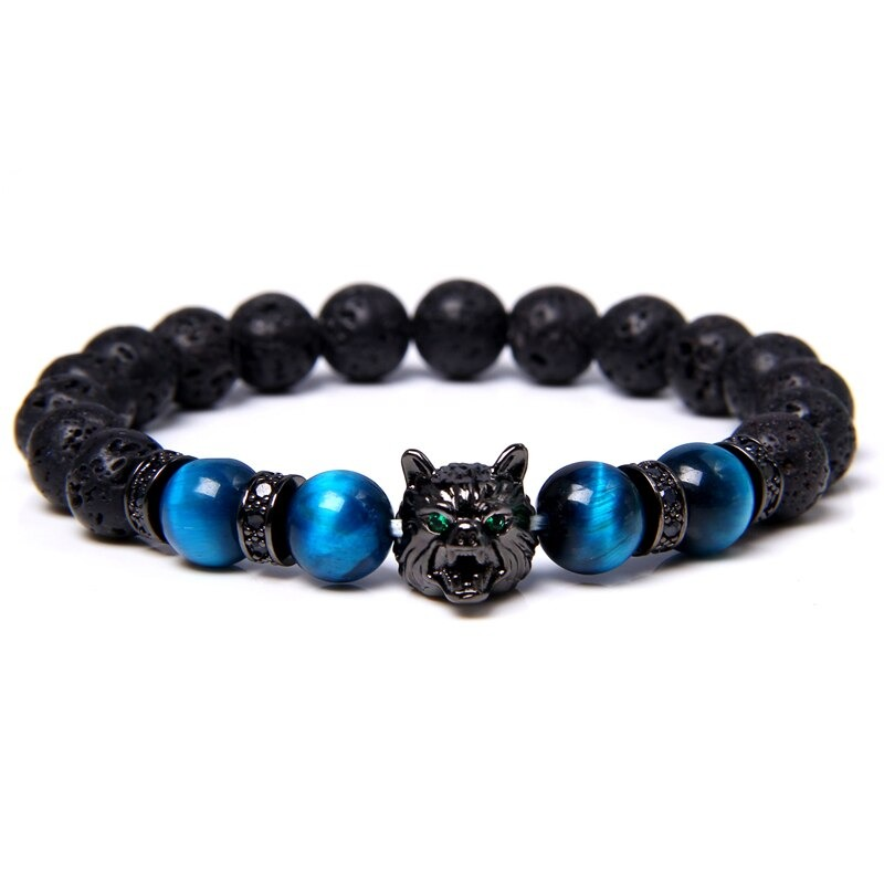Natural black lava stone bracelet with wolf charm and colorful beads for alternative jewelry lovers.