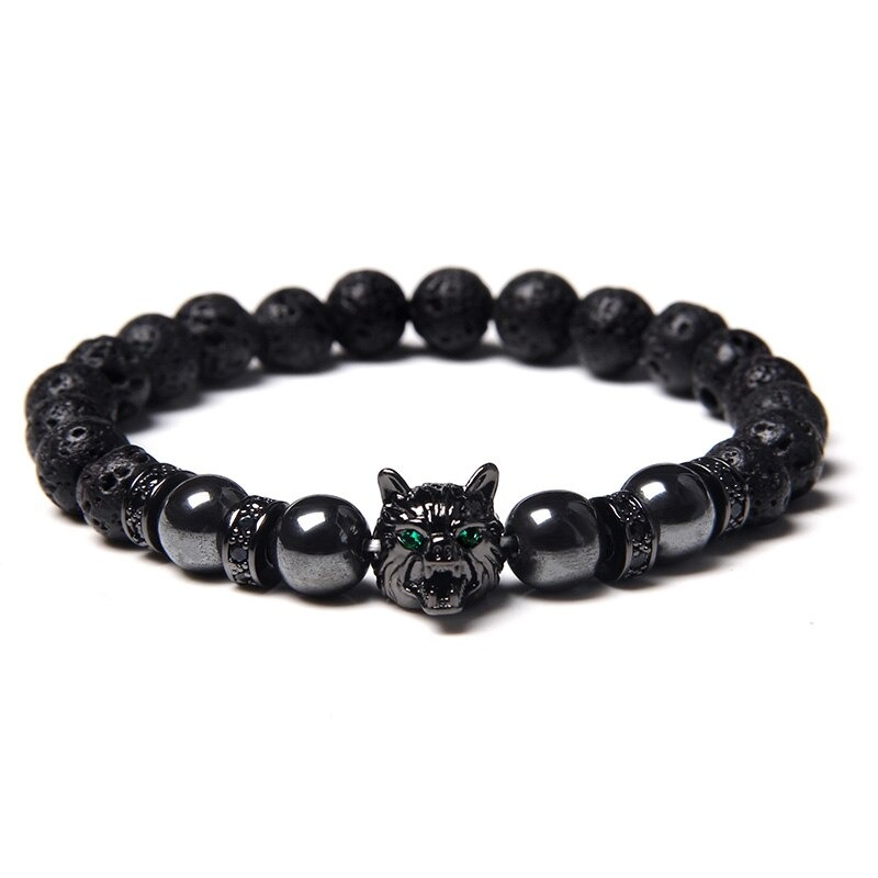Natural Black Lava Stone Bracelet Wolf Charm / Elastic Jewelry with Animal Symbol - HARD'N'HEAVY