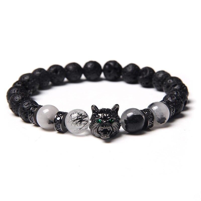 Natural black lava stone bracelet with wolf charm and unique colored beads, perfect for alternative jewelry lovers.