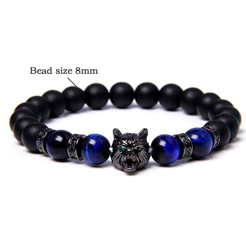 Natural black lava stone bracelet with wolf charm and colorful beads, alternative jewelry with animal symbol.