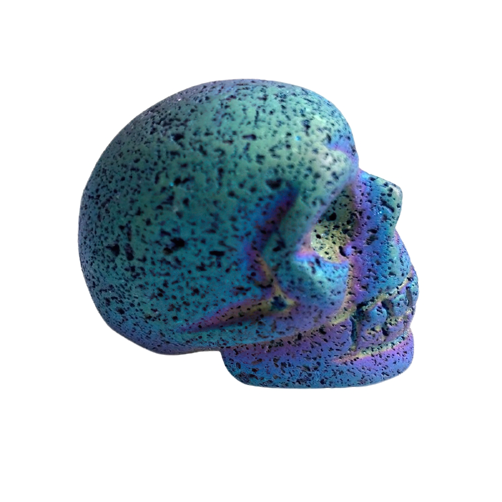 Vibrant blue and purple natural crystal skull for home decoration and Wicca healing.