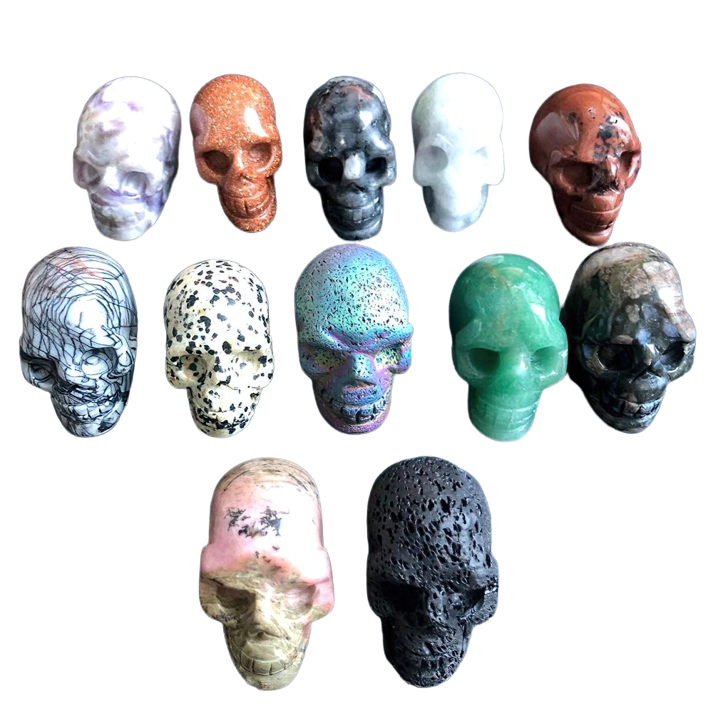 Colorful natural crystal skulls for home decoration and Wicca healing, featuring various designs and textures.