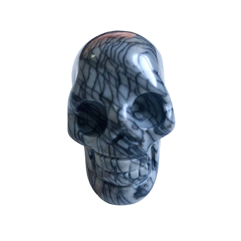 Natural crystal skull decor in shades of gray, perfect for Wicca healing and home decoration.