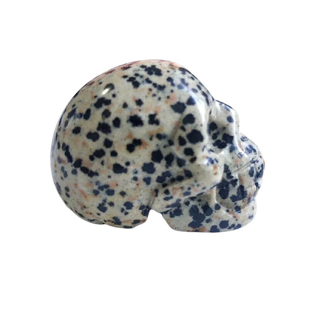 Natural crystal skull decor in unique speckled pattern, perfect for home decoration and Wicca practices.