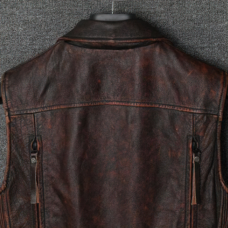 Natural Genuine Leather Motorcycle Vest For Men / Spring Vintage Brown Biker Sleeveless Jacket - HARD'N'HEAVY