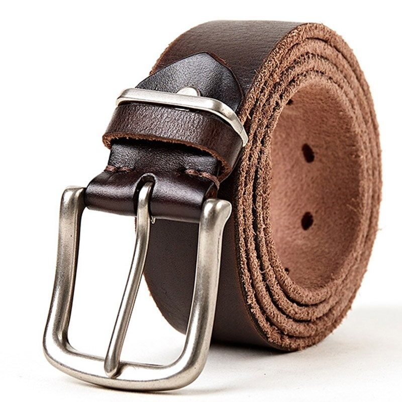Natural leather men's belt in dark brown with silver pin buckle, a stylish accessory for casual wear.