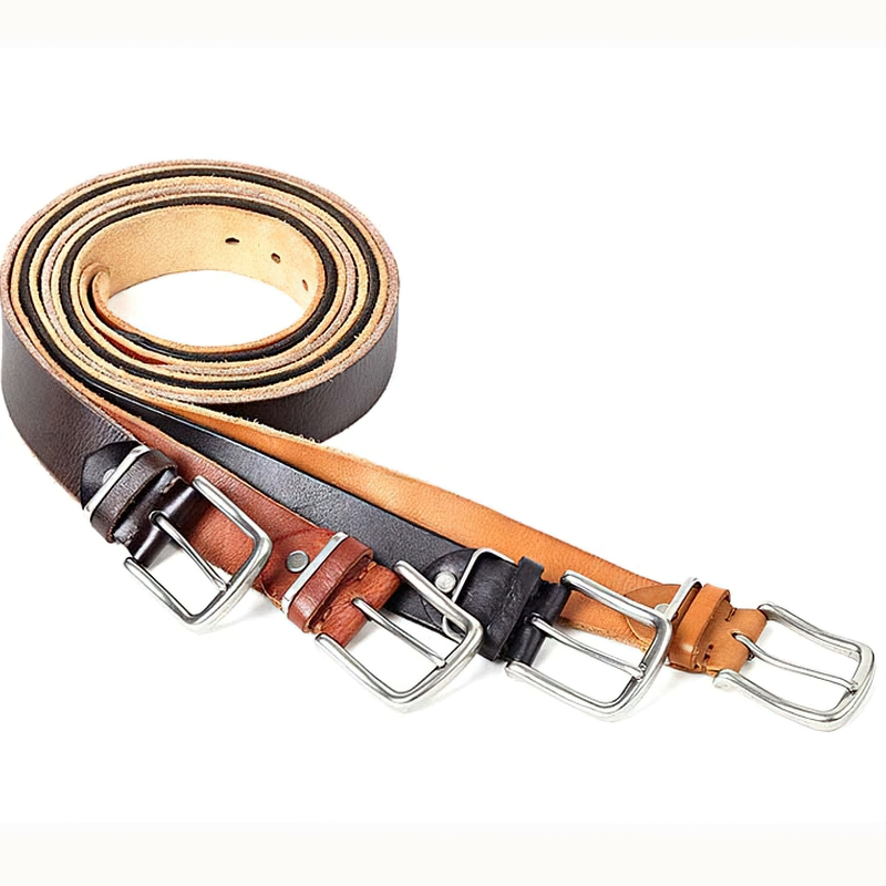 Natural leather men's belts in four colors laid flat, featuring elegant silver pin buckles for a stylish casual accessory.