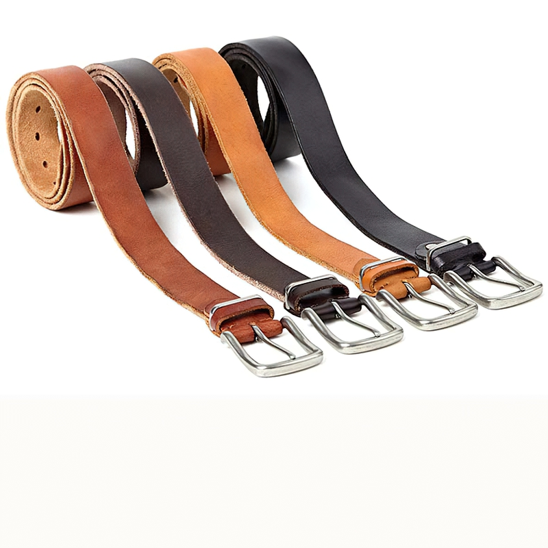 Collection of four natural leather men's belts in brown, tan, black, and dark brown with silver pin buckles.