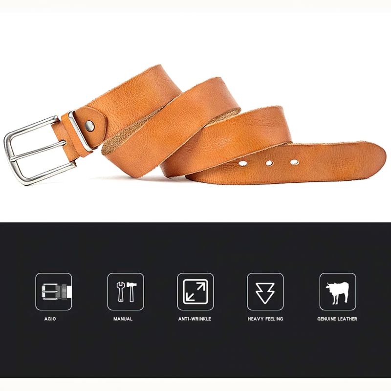 Natural leather men's belt in brown, showcasing a stylish pin buckle and flexible design, ideal for casual wear.