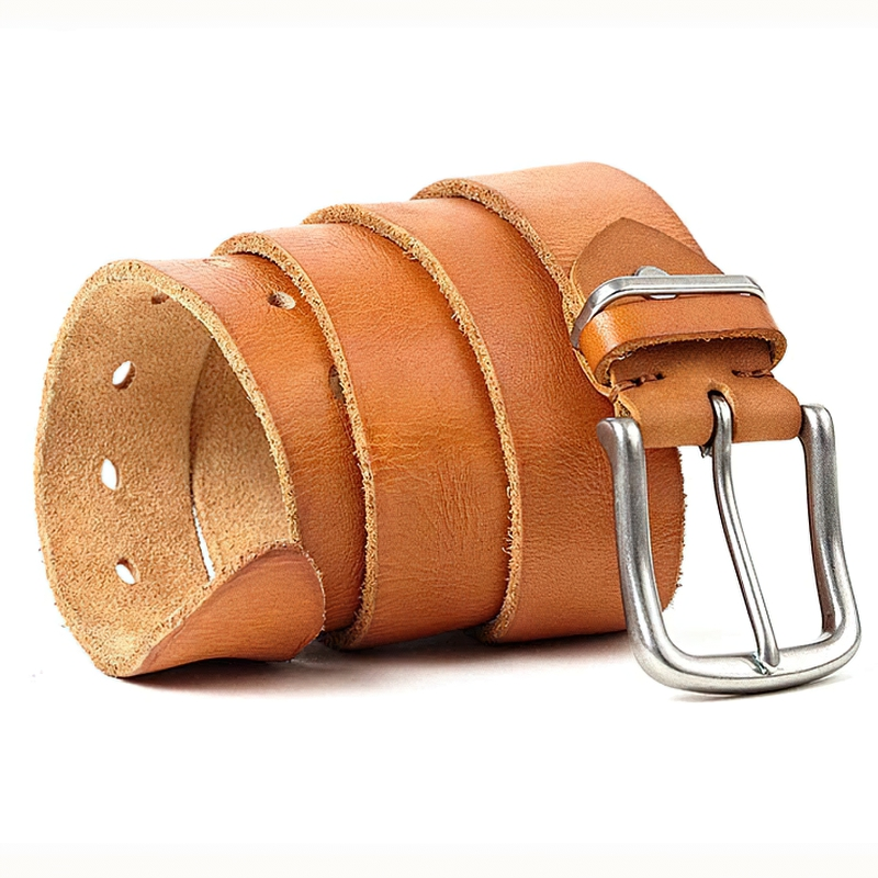Natural leather men's belt in tan color with a silver pin buckle, a stylish casual accessory for any outfit.