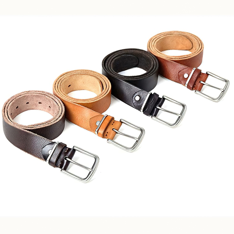 Four stylish natural leather men's belts in brown, black, tan, and dark brown with silver pin buckles.