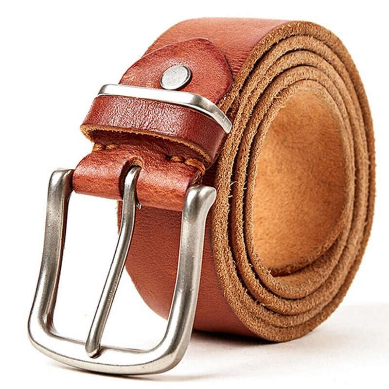 Natural leather men's belt with stylish silver pin buckle in classic brown color, perfect casual accessory for men.