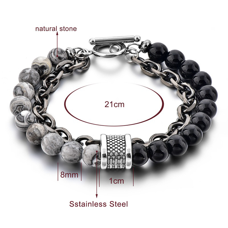 Natural Map Stone Unisex Bracelets / Men's And Women's Beaded Stainless Steel Jewelry - HARD'N'HEAVY