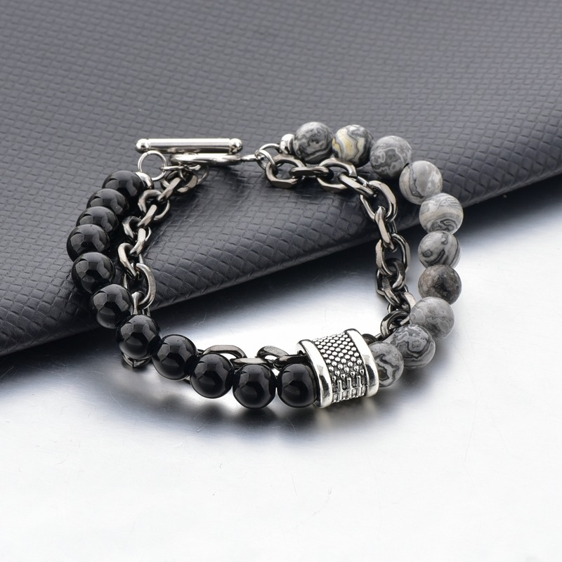 Natural Map Stone Unisex Bracelets / Men's And Women's Beaded Stainless Steel Jewelry - HARD'N'HEAVY