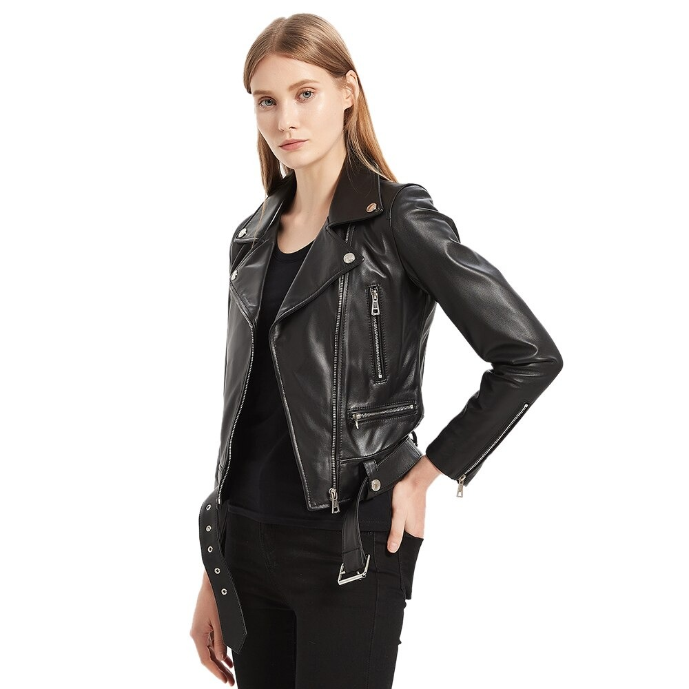 Stylish women's sheepskin leather jacket with sashes, perfect for casual rock fashion. Features silver zippers and a classic cut.