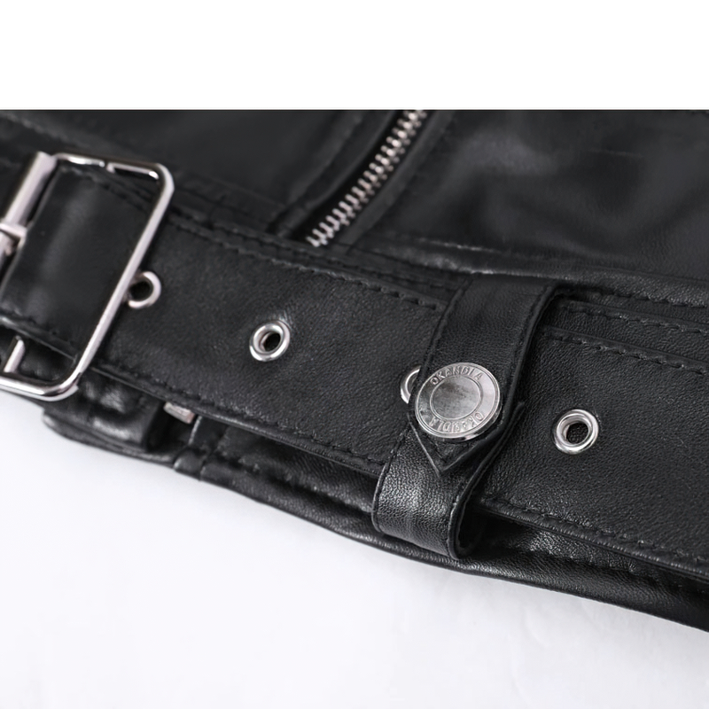 Close-up of a women's sheepskin leather jacket belt with silver buckles and rivets, showcasing stylish rock fashion details.