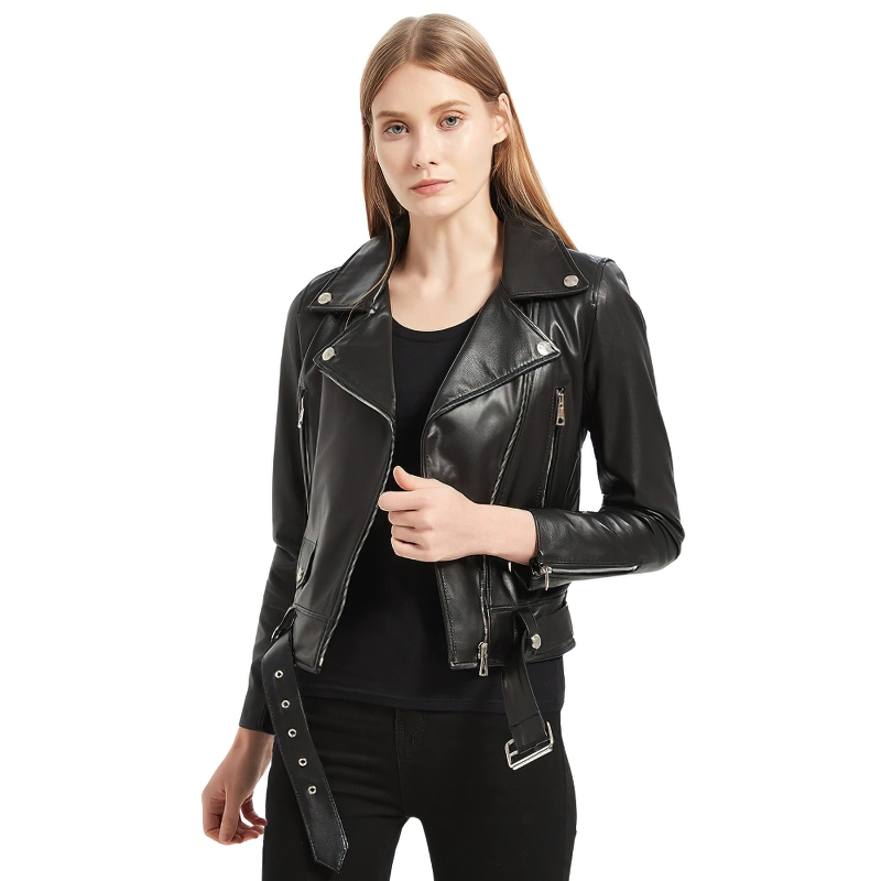 Stylish women's sheepskin leather jacket with sashes, perfect for rock fashion looks.