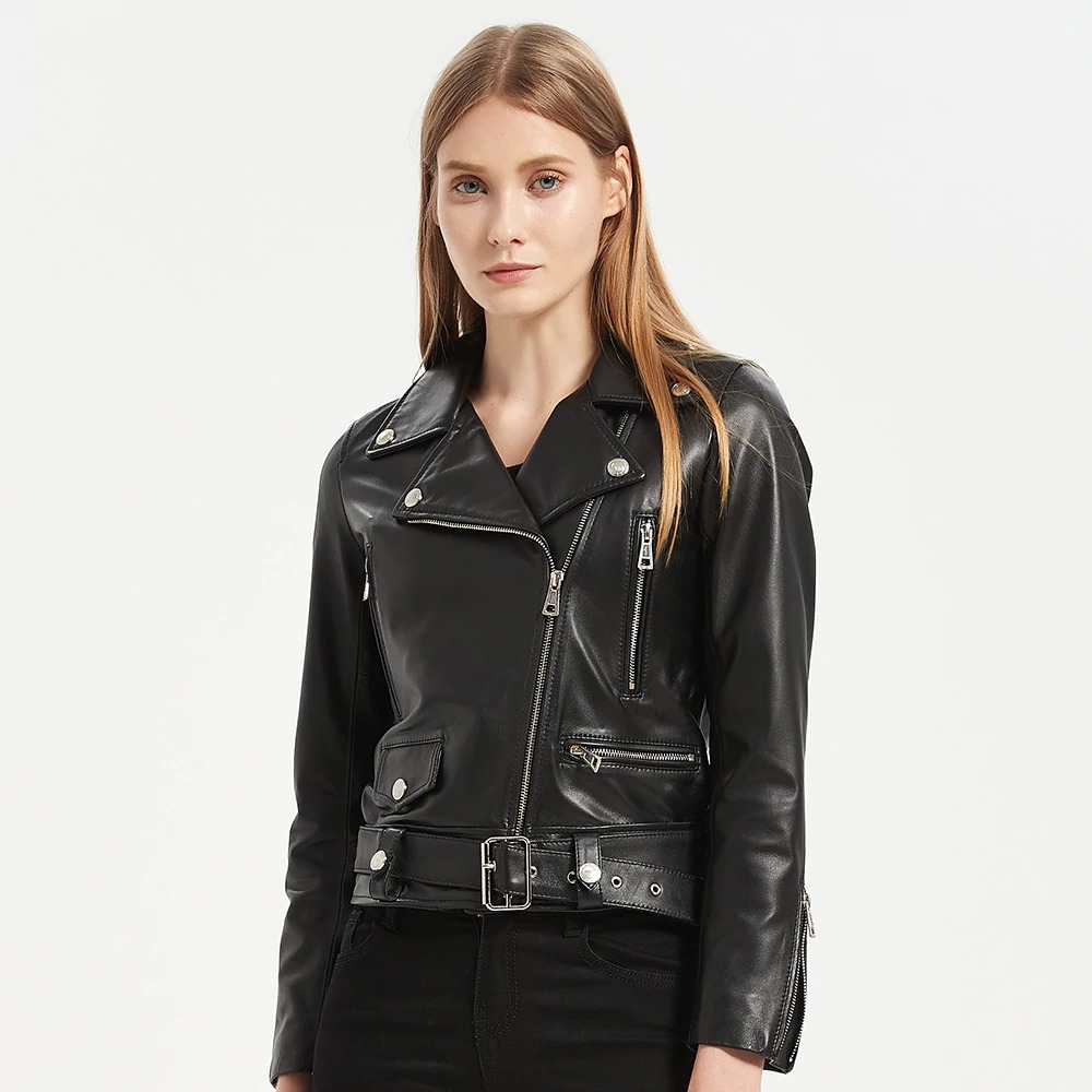 Sheepskin Leather Jacket with Sashes / Women's Slim Jacket - HARD'N'HEAVY