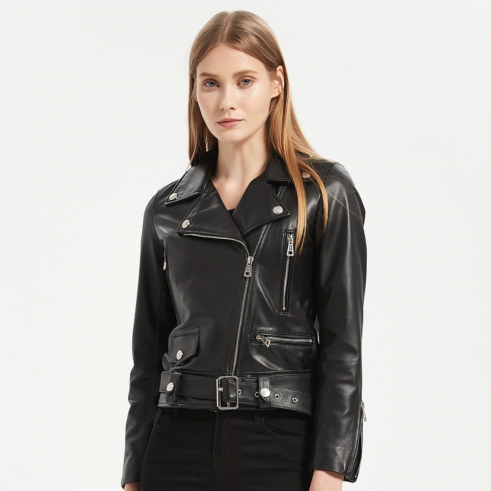 Stylish women's black sheepskin leather jacket with sashes, perfect for rock-inspired casual outfits.