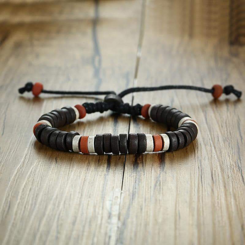 Natural stone beaded bracelet for men and women, featuring adjustable length and multicolor beads on a wooden background.