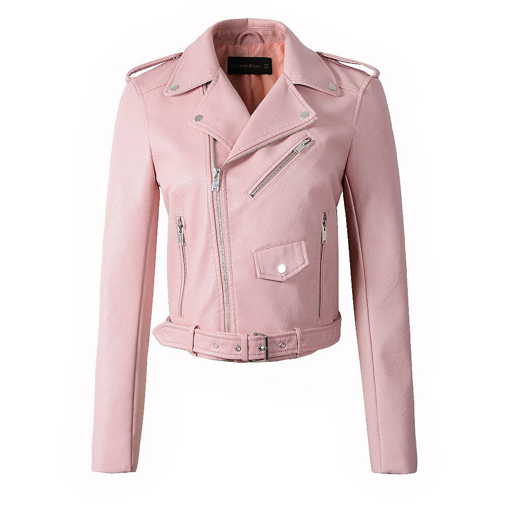 Stylish pink PU leather women's motorcycle bomber jacket with belt and zippers, perfect for alternative fashion.
