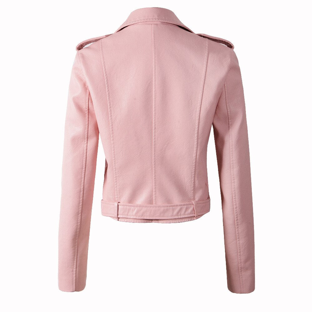 Back view of a pink faux leather women's motorcycle bomber jacket with a belt and stylish details.