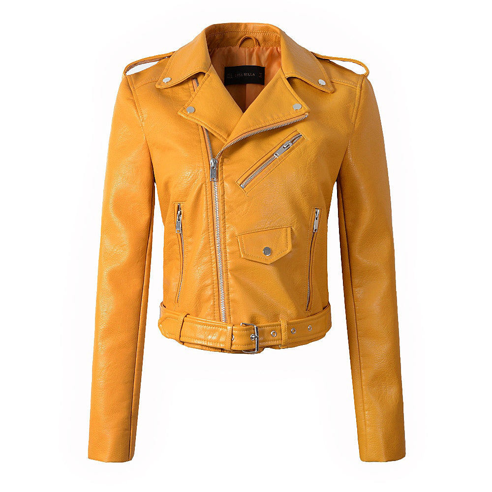 Vibrant yellow women's faux leather motorcycle bomber jacket with belt and zippers.