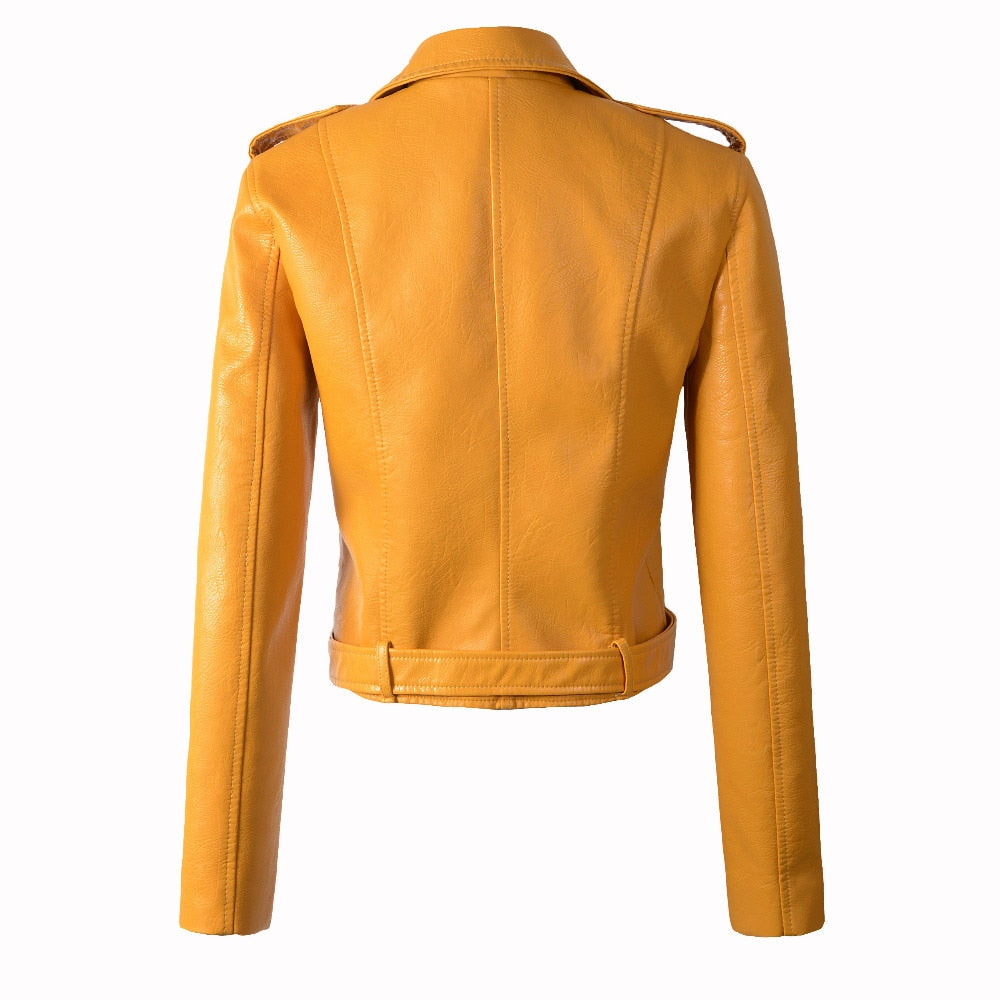 Back view of a vibrant yellow faux leather women's motorcycle bomber jacket with a belt, showcasing alternative fashion style.