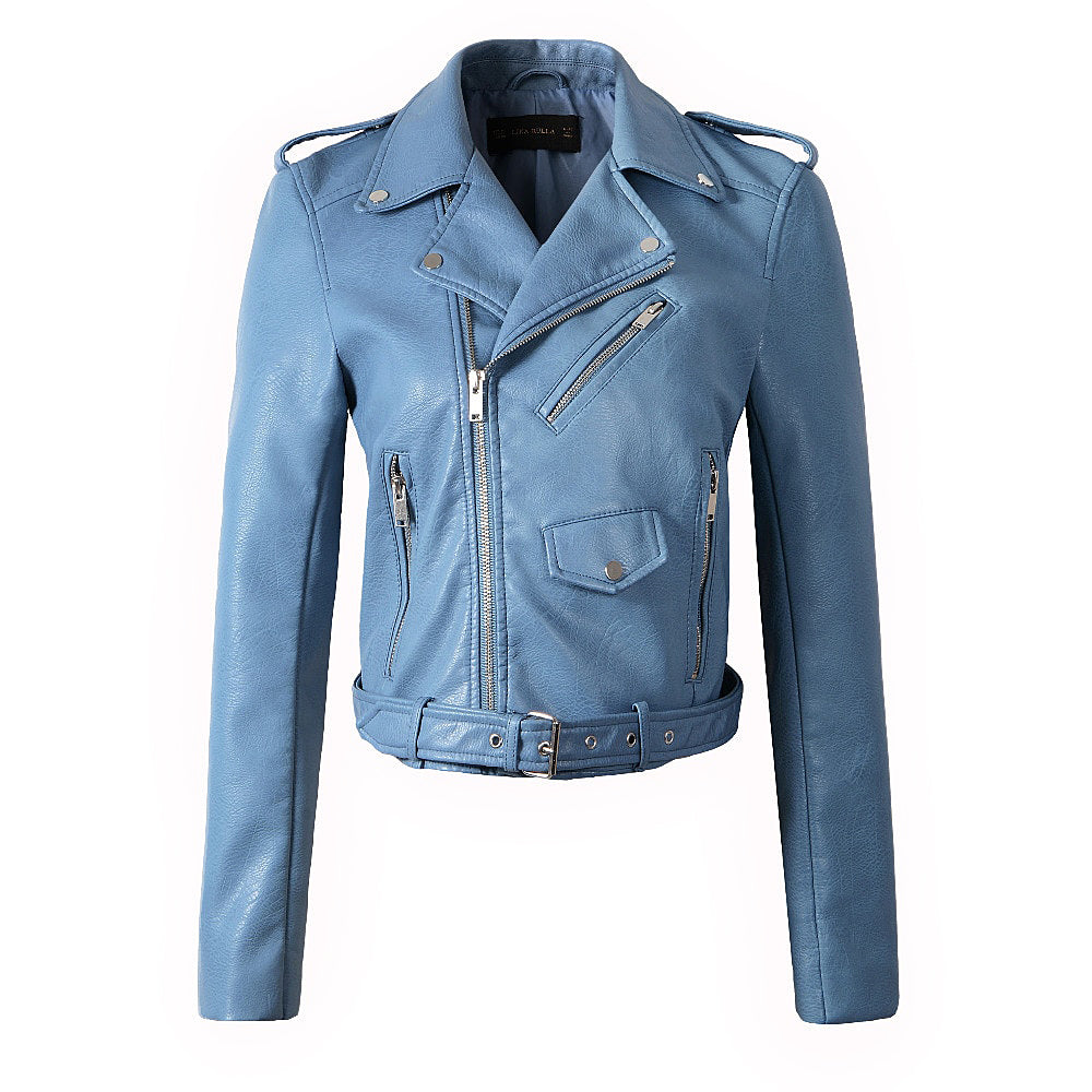 Trendy blue faux leather women's motorcycle bomber jacket with belt and zippers, perfect for alternative fashion.