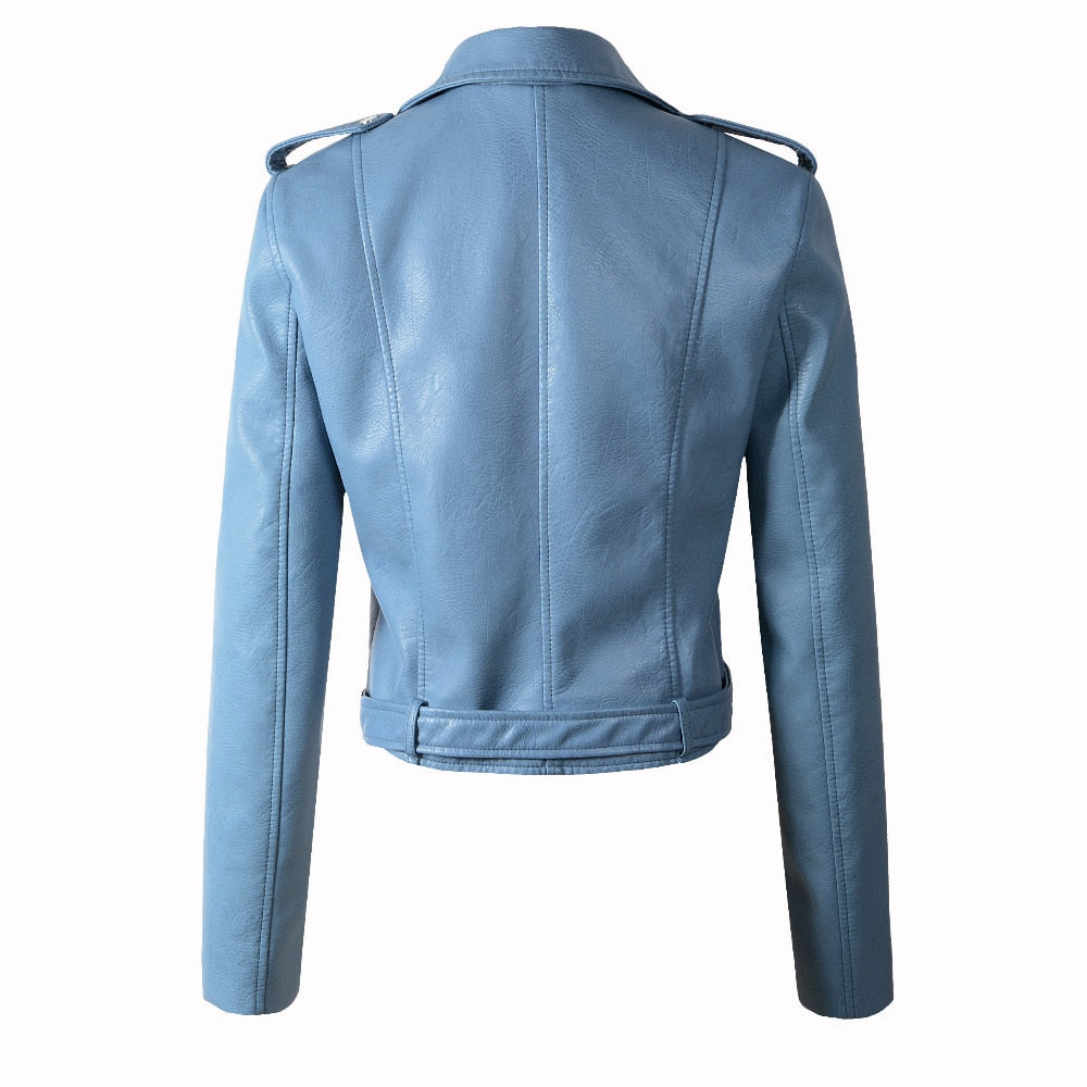 Back view of a trendy blue PU leather women's bomber jacket with a stylish belt.
