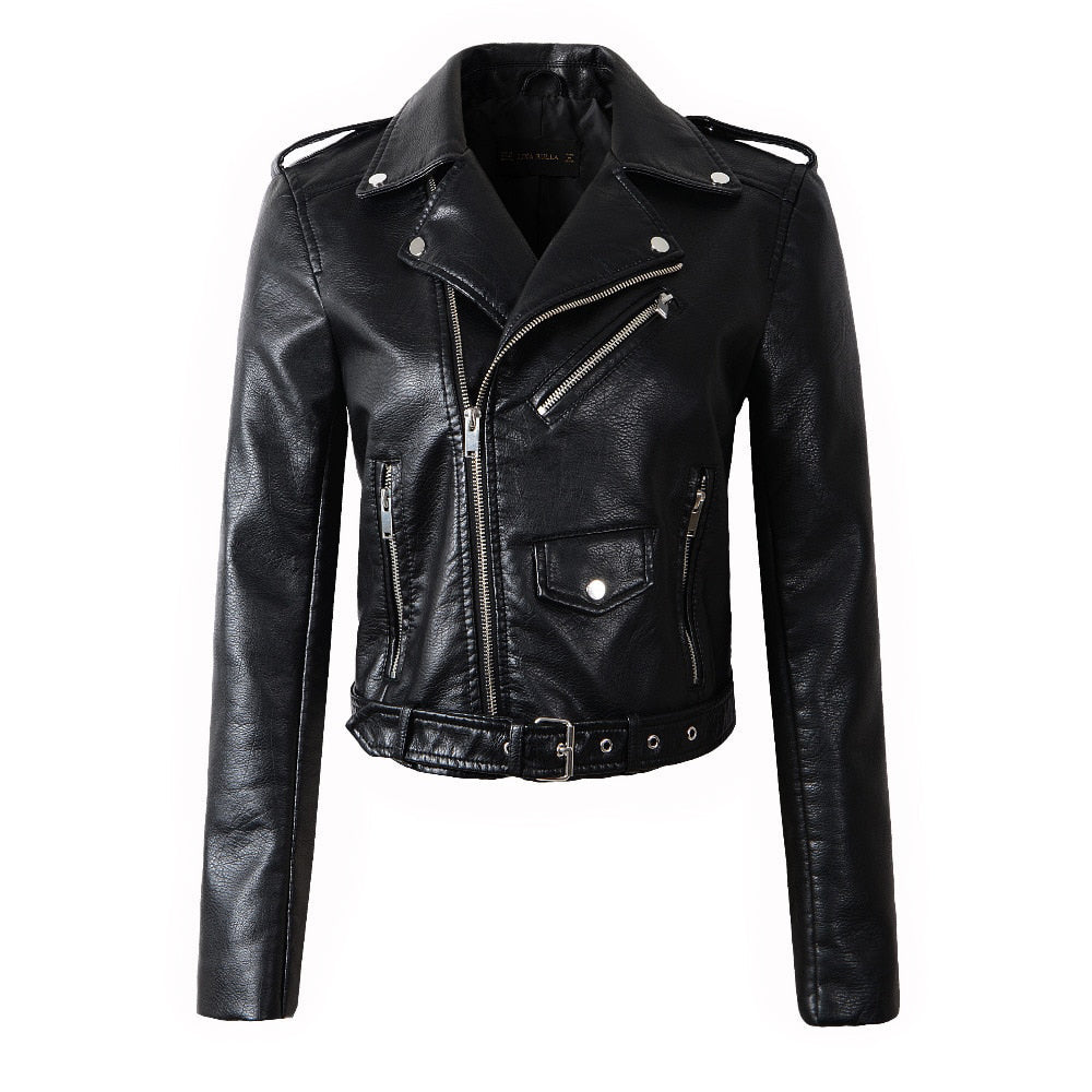 Women's alternative fashion black faux leather bomber jacket with belt and stylish zippers.